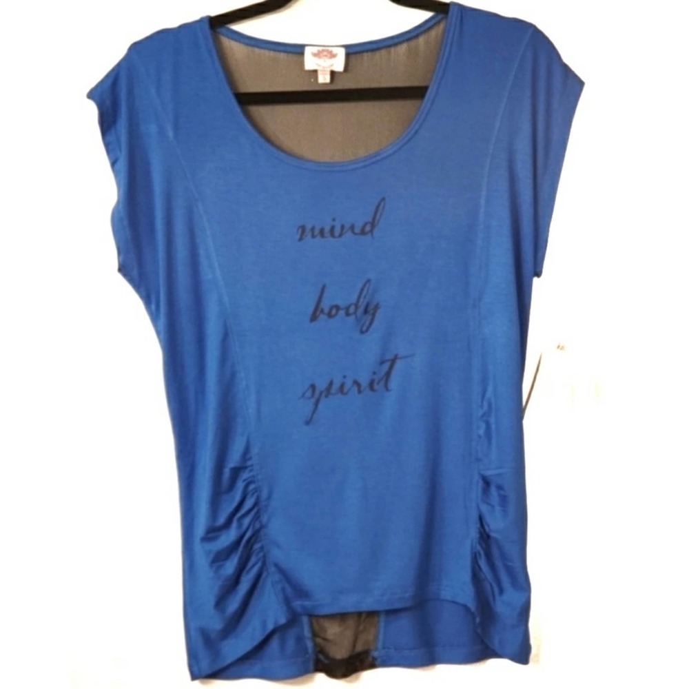 Yoga Workout Cap Sleeve Tee Shirt Royal Blue &‎ Black Burn Out Sheer Back Size S